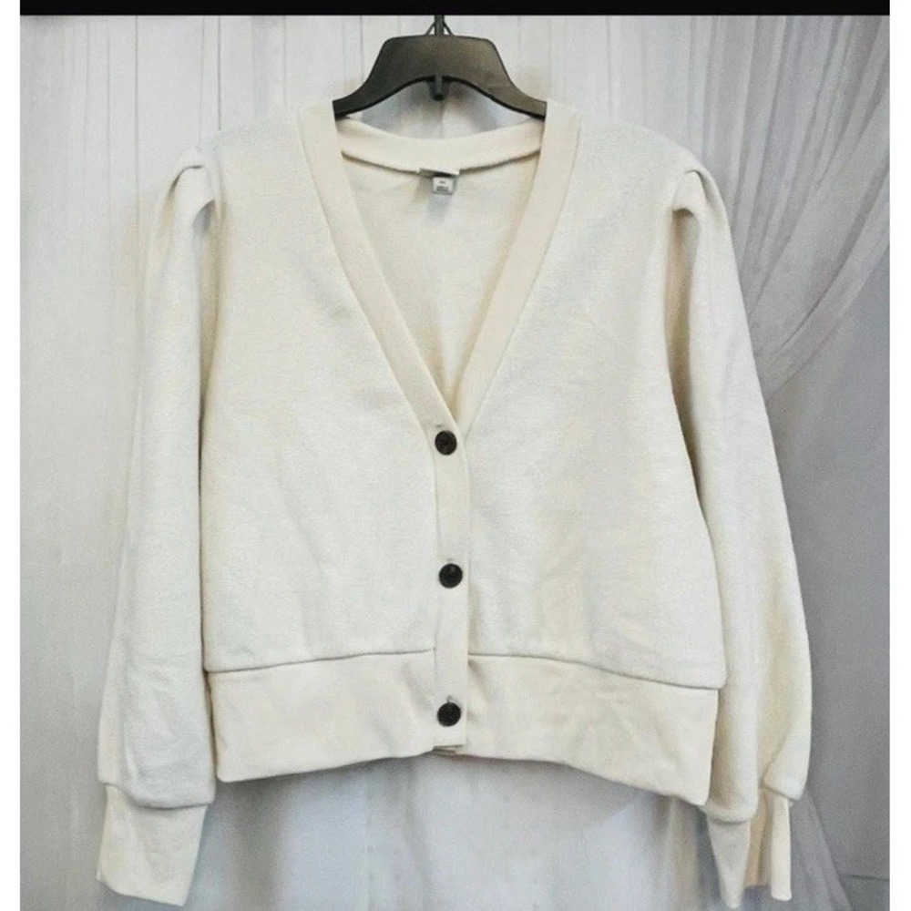A New Day Cream Ivory 2 Tone 3 Button Puff Sleeve Texture Cardigan XL Preppy 90s